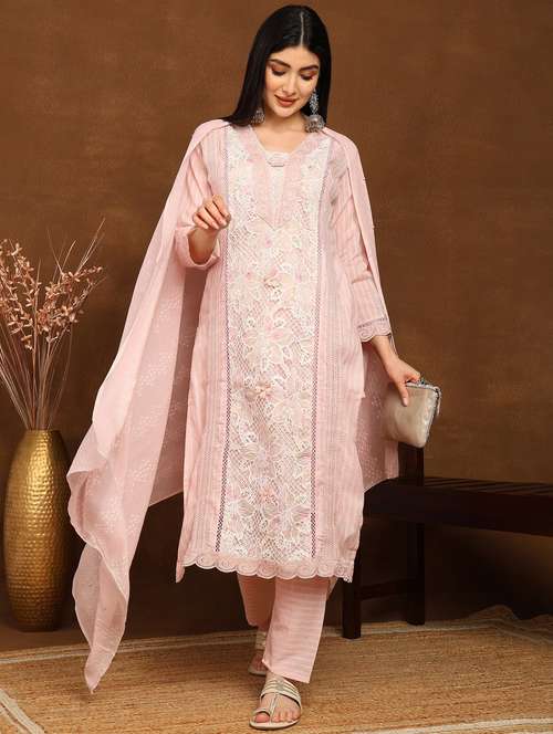 women embroidered three quarter sleeve kurta pant with dupatta set