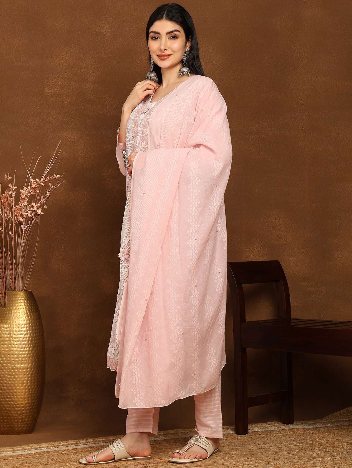 women embroidered three quarter sleeve kurta pant with dupatta set - 22141676 -  Standard Image - 1