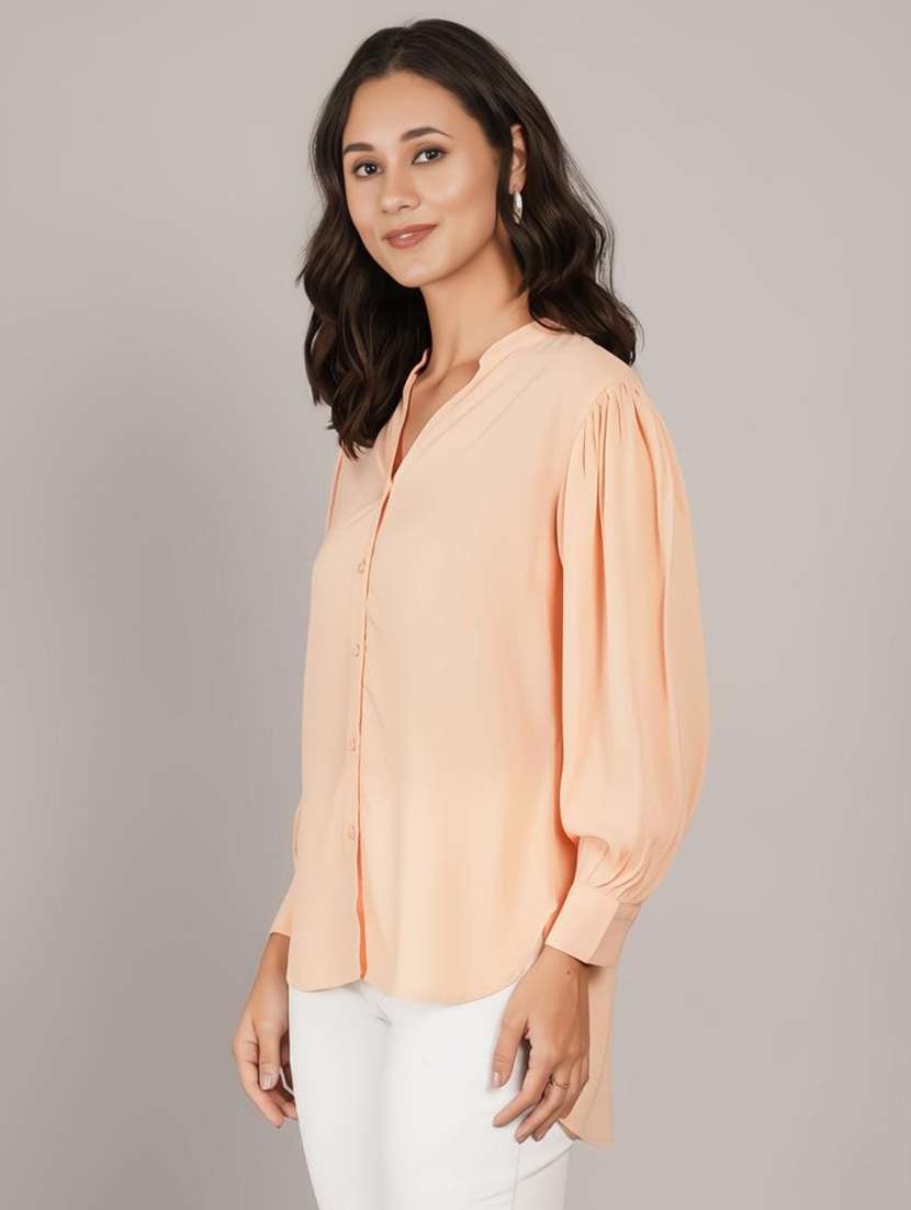 women solid puff sleeve high low shirt - 22141764 - Standard Image - 1