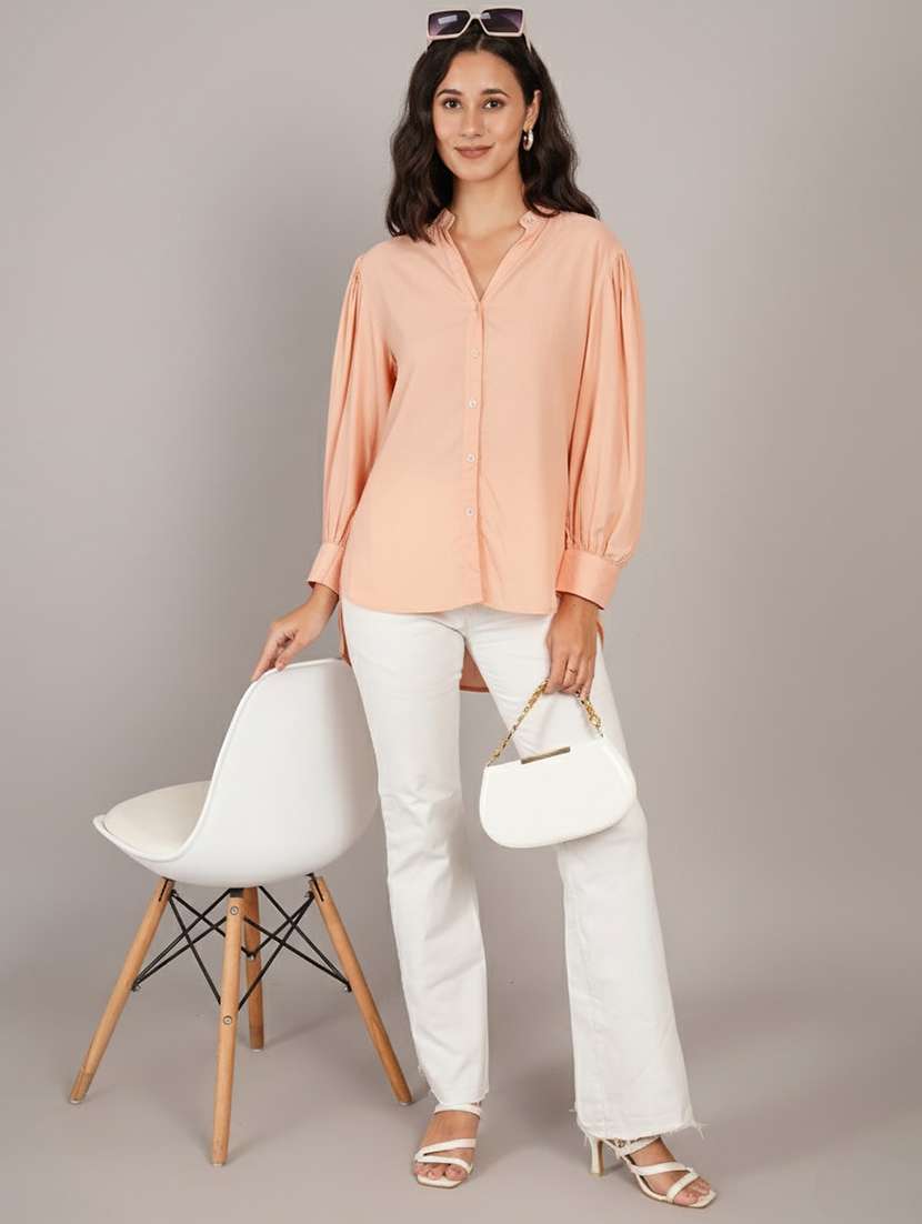 women solid puff sleeve high low shirt - 22141764 - Standard Image - 4