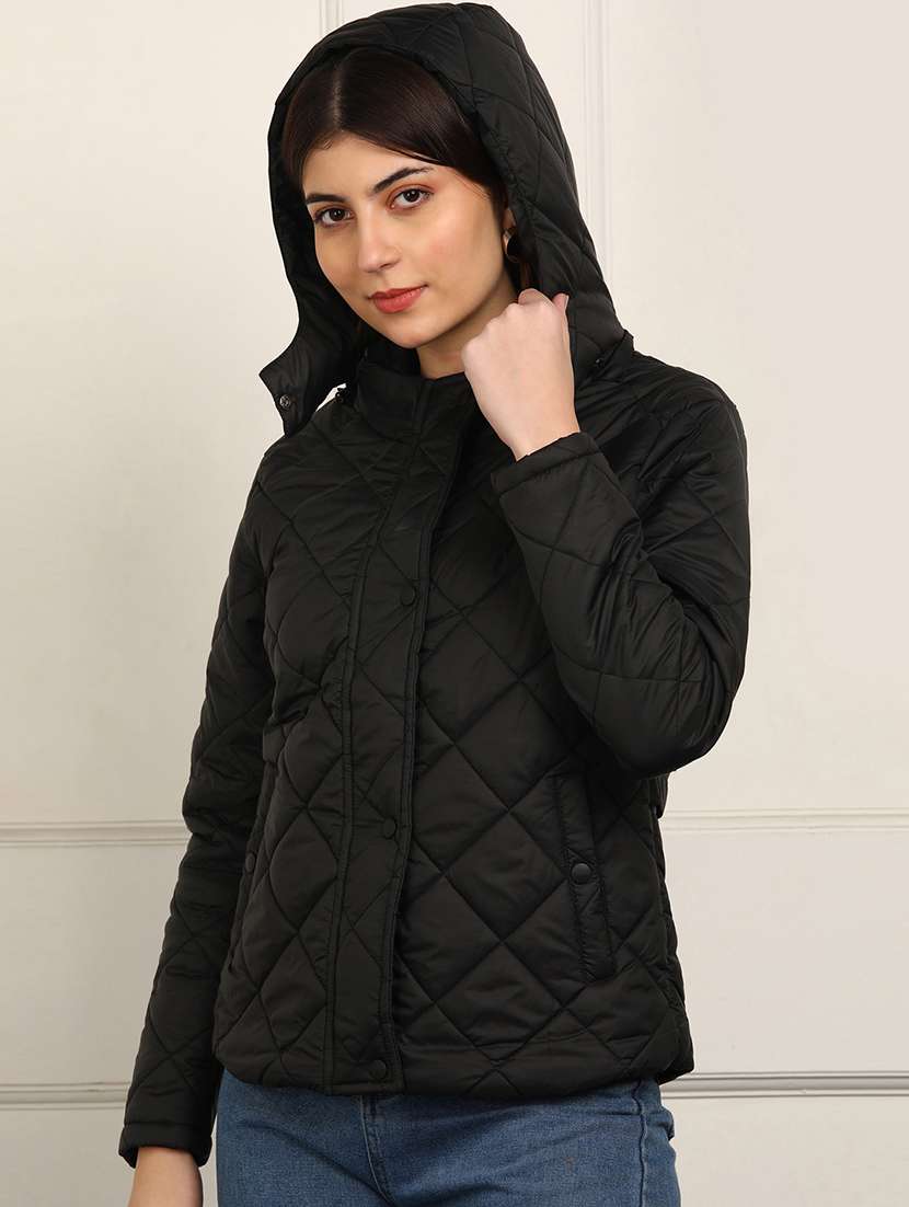 women solid long sleeve hooded quilted jacket - 22142180 -  Standard Image - 1