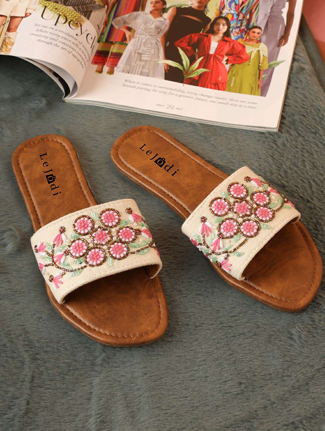 women embroidered slip on sandal