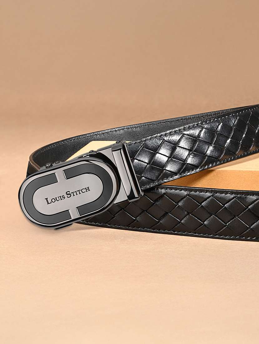 men's black leather automatic buckle weaved belt