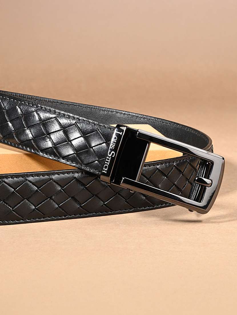 men's black braided leather automatic buckle belt