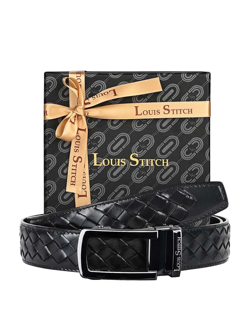 black leather woven design automatic buckle belt - 22142205 -  Standard Image - 1