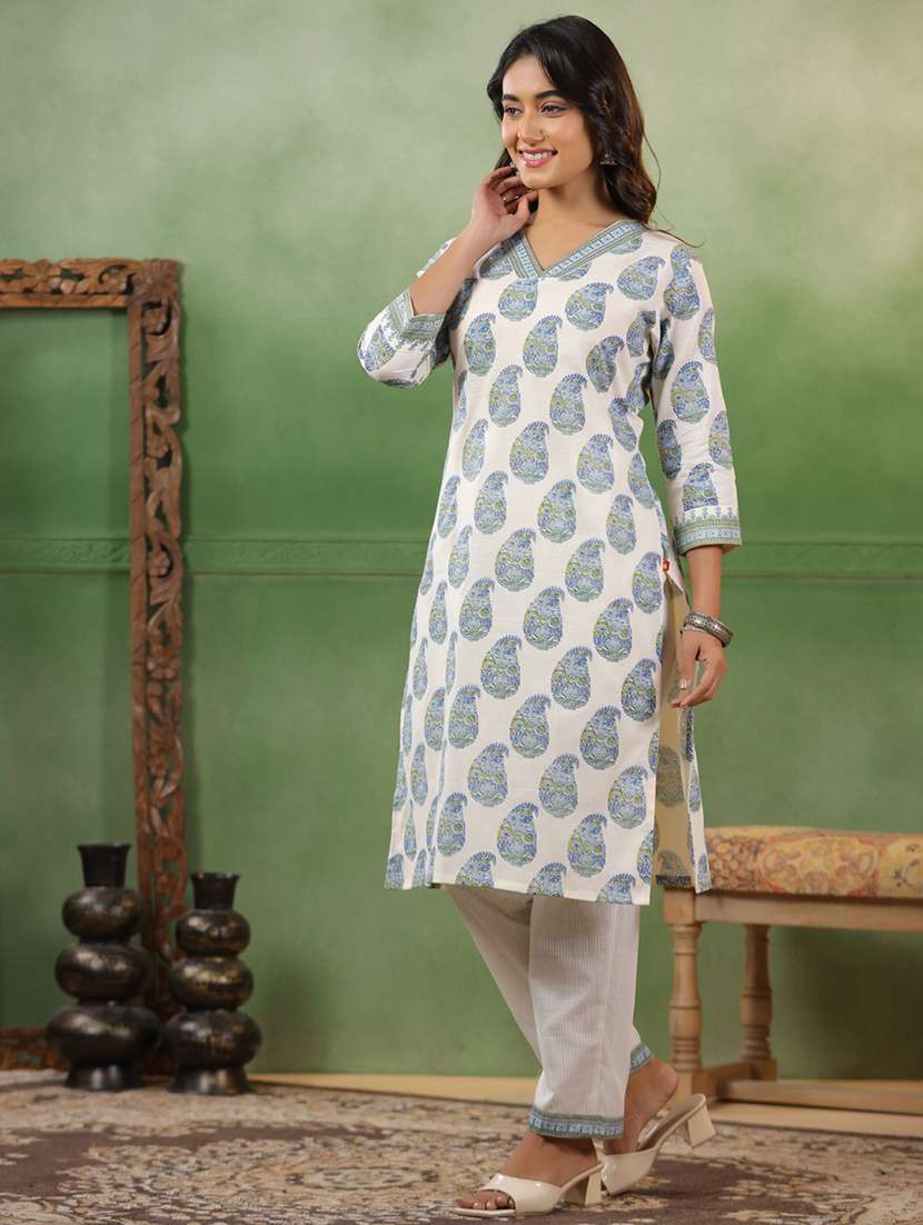 women paisley three quarter sleeve straight kurta - 22142207 -  Standard Image - 1