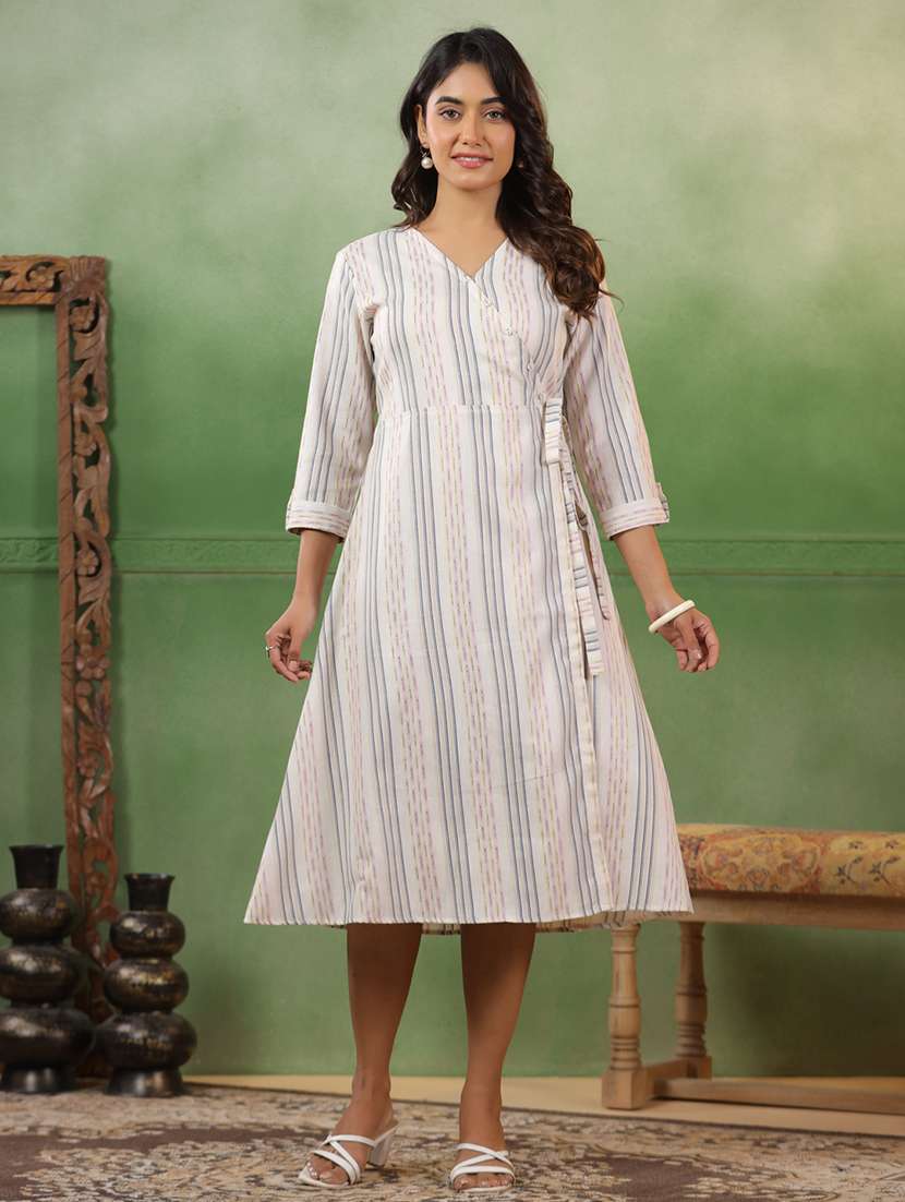 women striped three quarter sleeve angrakha ethnic dress - 22142209 -  Standard Image - 1