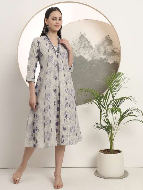 Women Printed Three Quarter Sleeve A Line Ethnic Dress