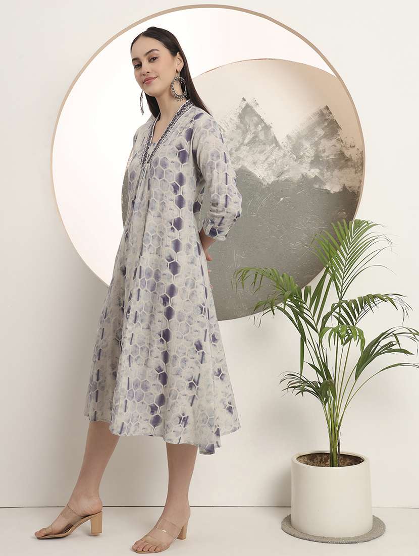 women printed three quarter sleeve a-line ethnic dress - 22142211 -  Standard Image - 1