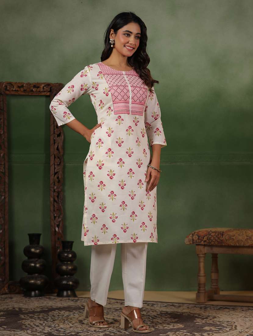 women floral three quarter sleeve straight kurta - 22142214 -  Standard Image - 1