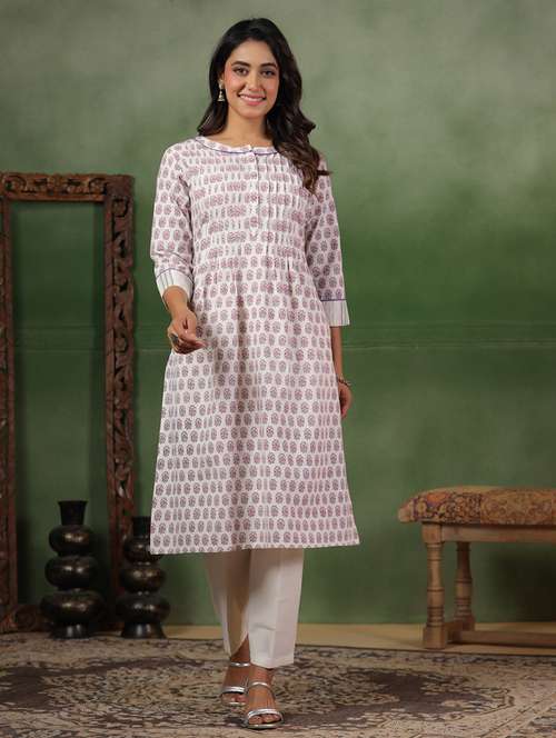 women printed three quarter sleeve a-line kurta - 22142216 -  Standard Image - 0