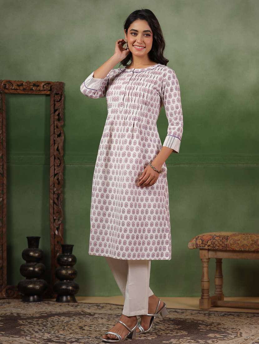 women printed three quarter sleeve a-line kurta - 22142216 -  Standard Image - 1