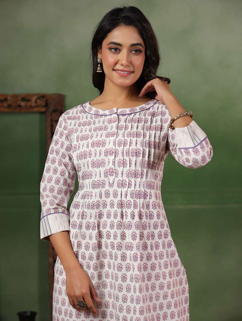 women printed three quarter sleeve a-line kurta - 22142216 -  Standard Image - 4