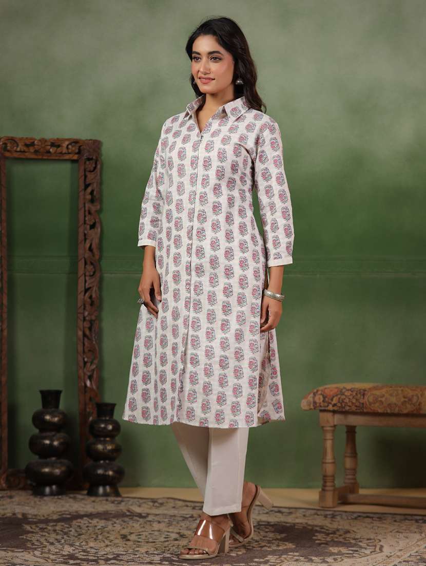women floral three quarter sleeve a-line kurta - 22142217 -  Standard Image - 1