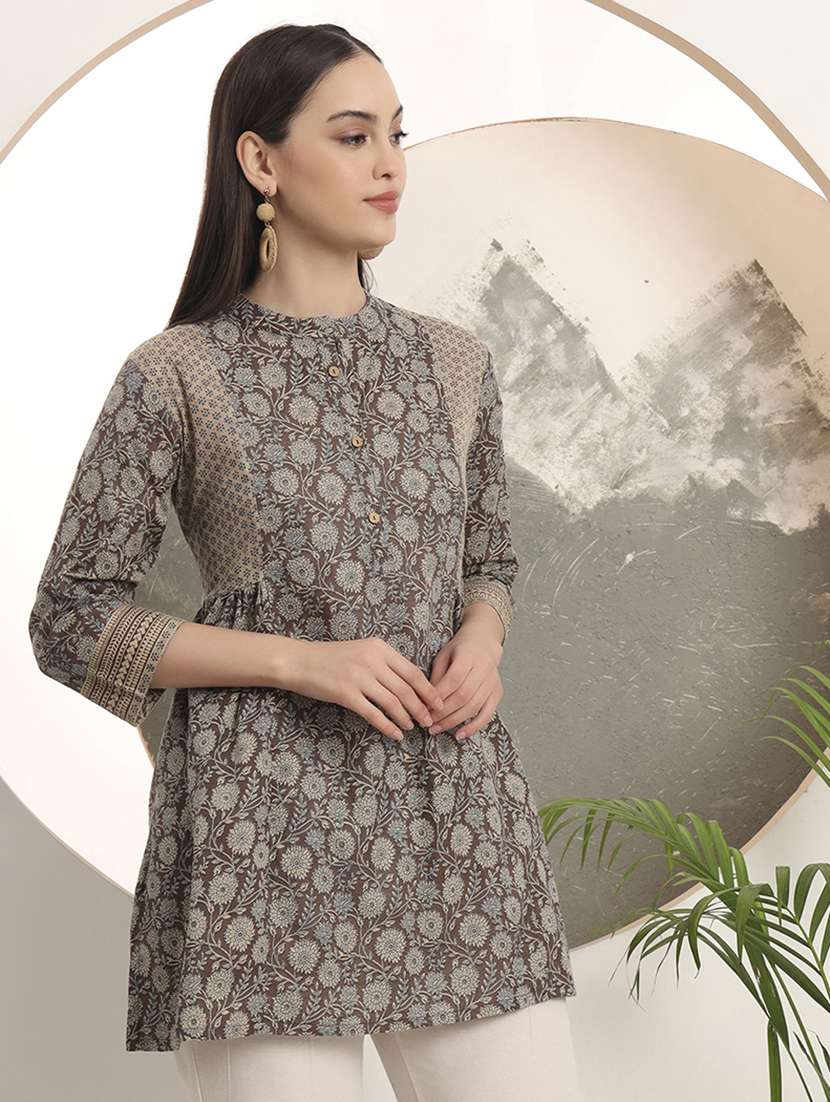 women floral printed three quarter sleeve a-line kurti - 22142221 -  Standard Image - 1