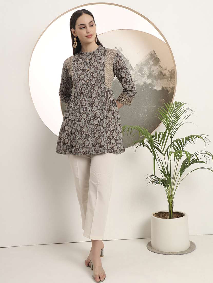 women floral printed three quarter sleeve a-line kurti - 22142221 -  Standard Image - 4