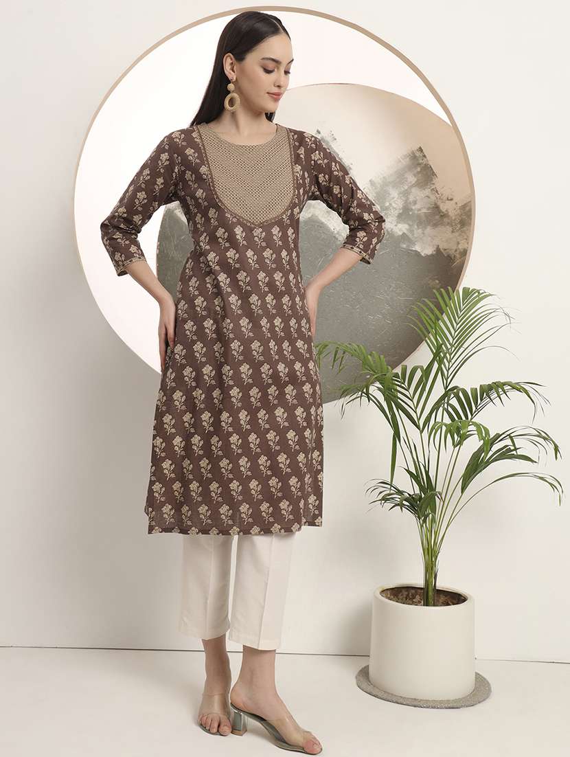 women floral printed three quarter sleeve straight kurta - 22142222 -  Standard Image - 1