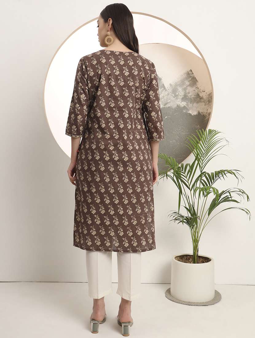 women floral printed three quarter sleeve straight kurta - 22142222 -  Standard Image - 4