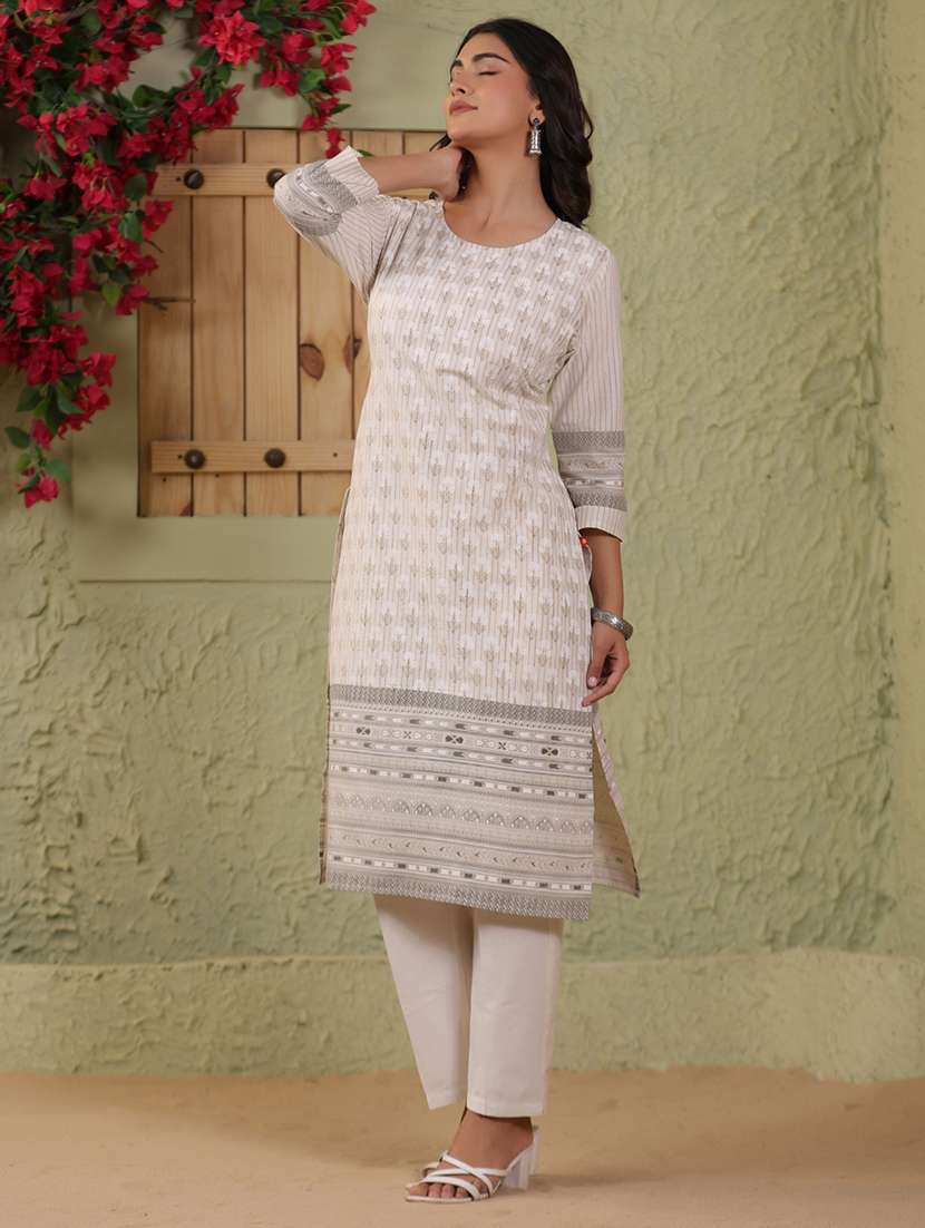 women floral printed three quarter sleeve straight kurta - 22142223 -  Standard Image - 1