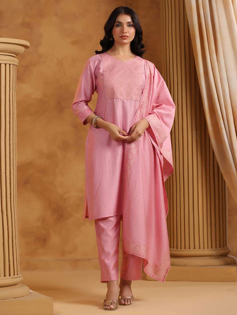 women embroidered three quarter sleeve kurta pant with dupatta set