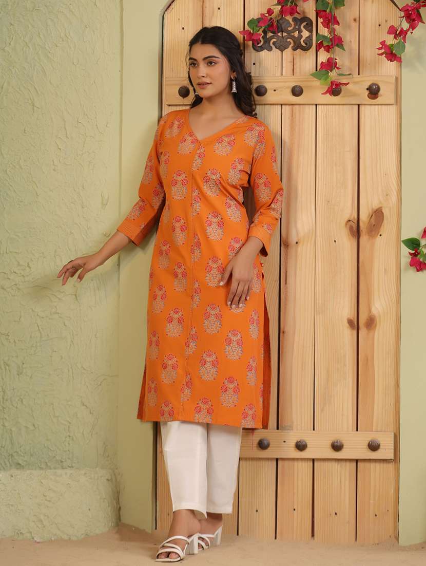women floral printed three quarter sleeve straight kurta - 22142228 -  Standard Image - 1