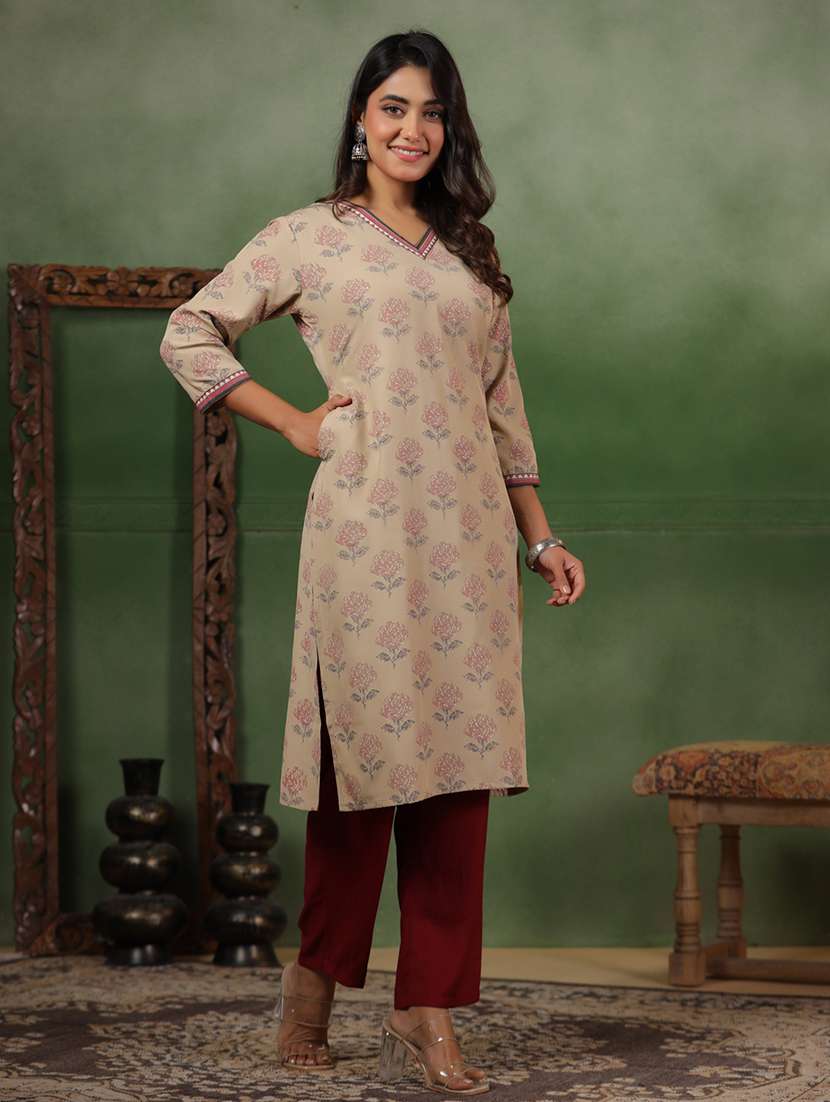 women printed three quarter sleeve straight kurta - 22142231 -  Standard Image - 1