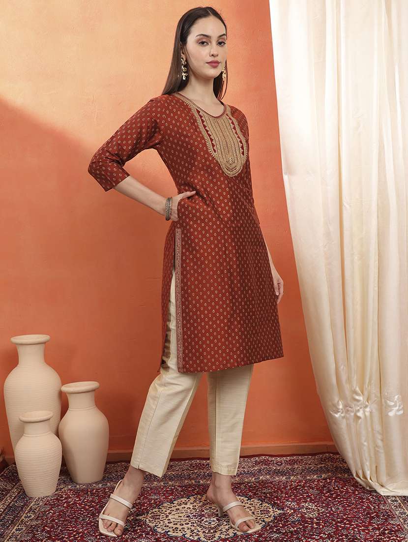 women printed three quarter sleeve straight kurta - 22142236 -  Standard Image - 1