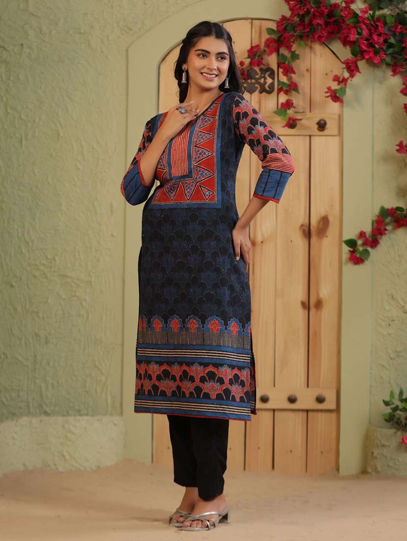 women printed three quarter sleeve straight kurta - 22142240 -  Standard Image - 1