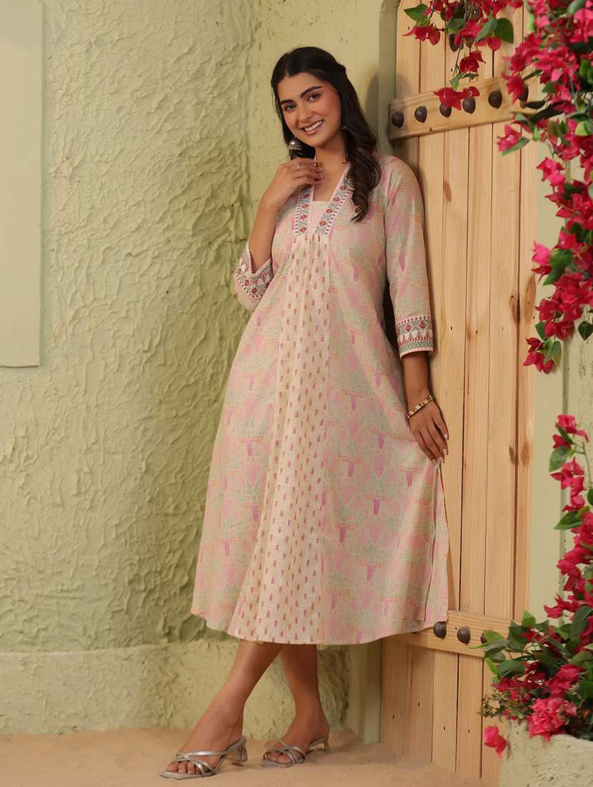 women printed three quarter sleeve a-line ethnic dress - 22142244 -  Standard Image - 1