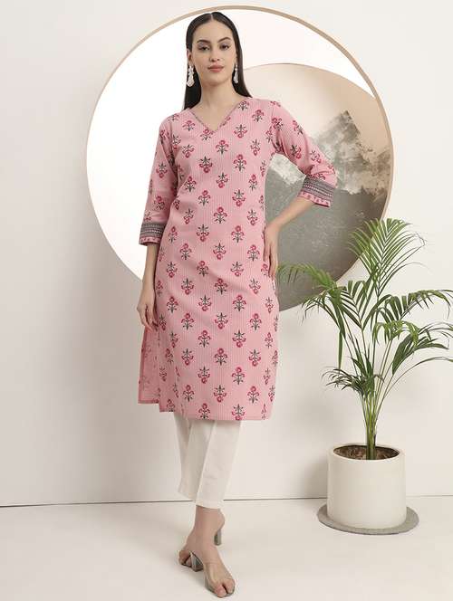 women printed three quarter sleeve straight kurta - 22142252 -  Standard Image - 0