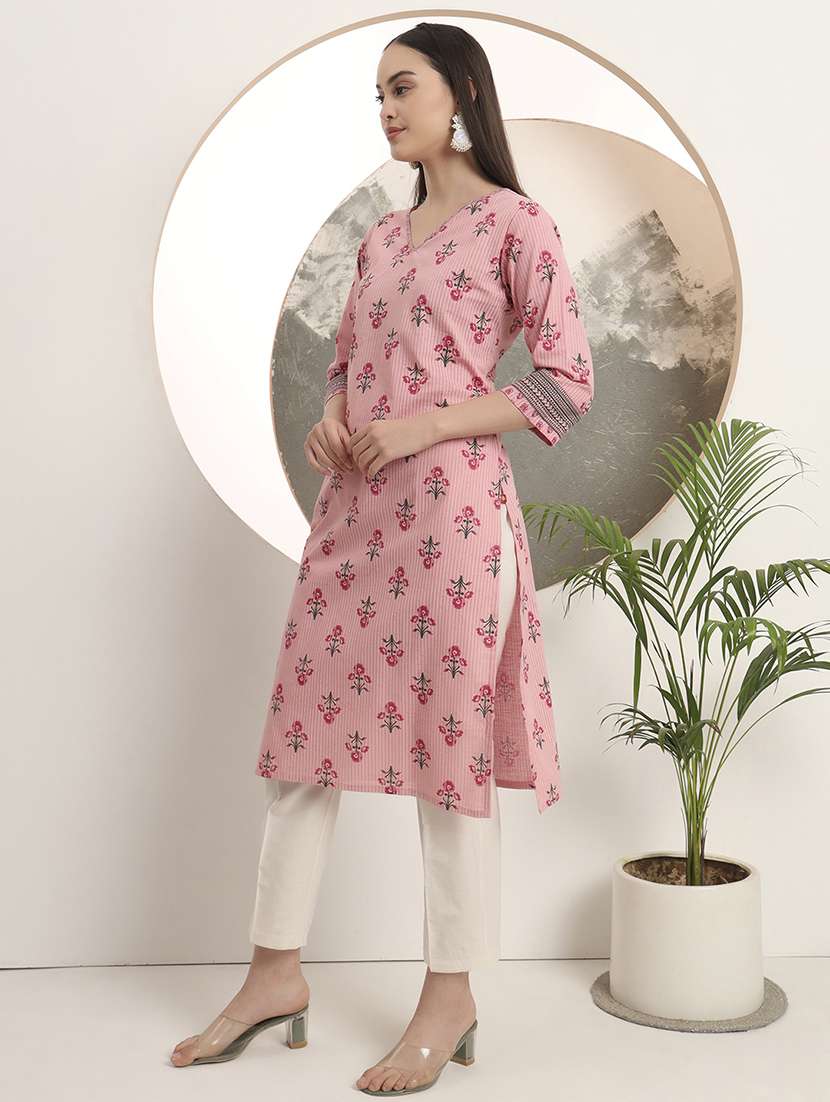women printed three quarter sleeve straight kurta - 22142252 -  Standard Image - 1
