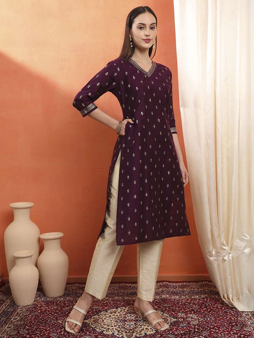 women embroidered three quarter sleeve straight kurta - 22142253 -  Standard Image - 1