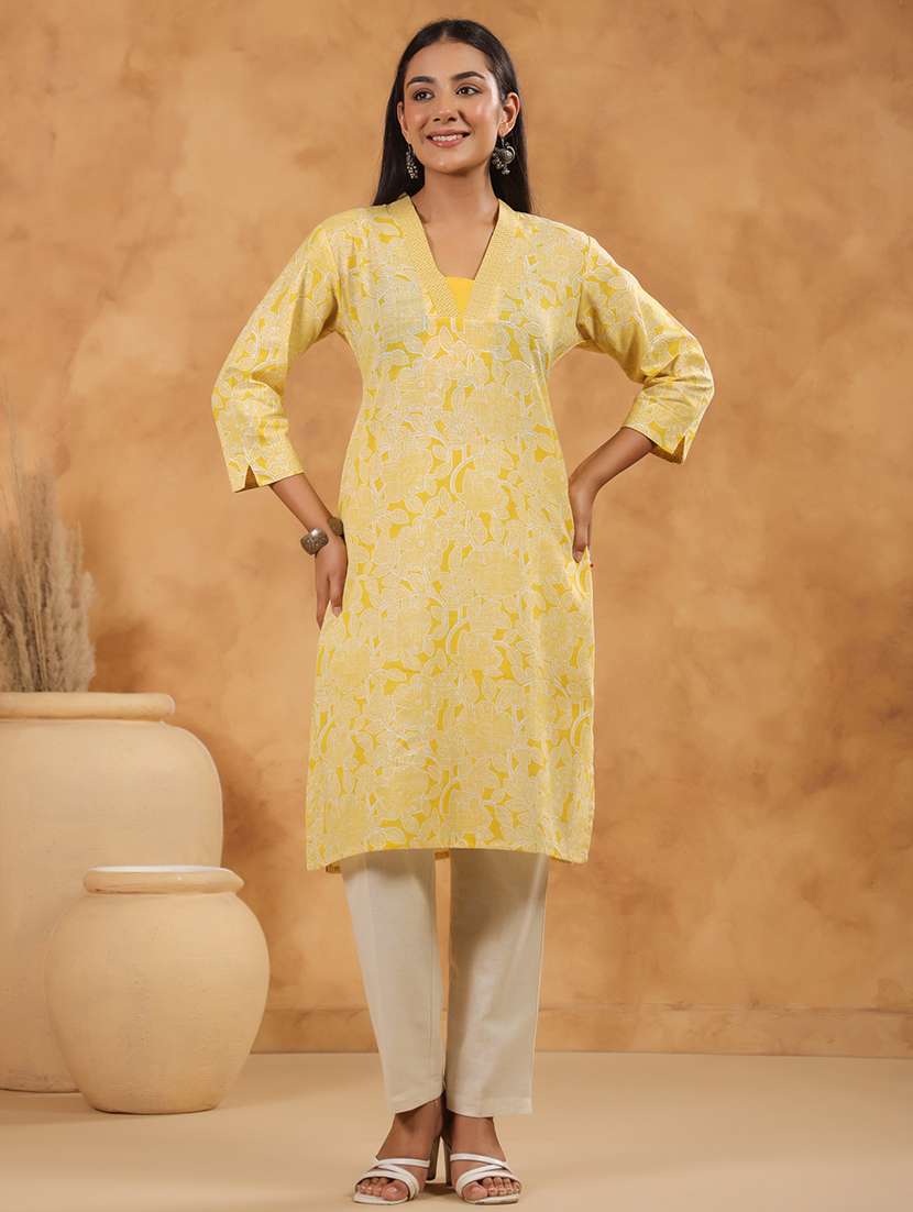 women printed three quarter sleeve straight kurta - 22142259 -  Standard Image - 1