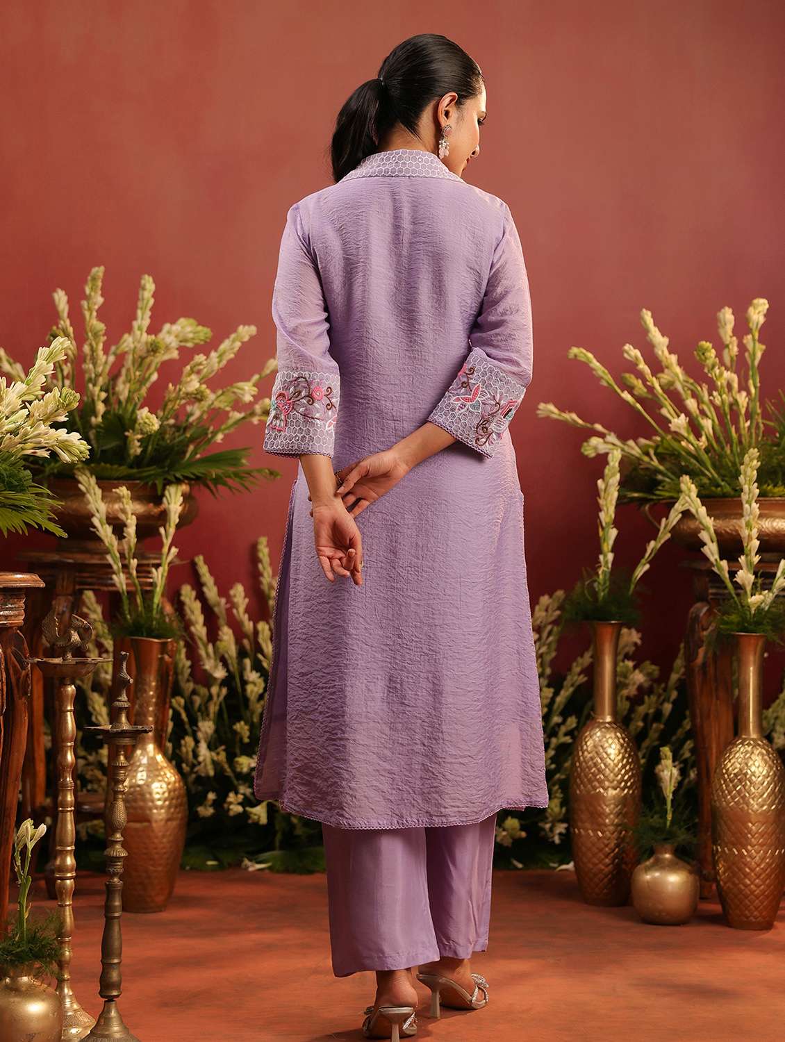 women embroidered three quarter sleeve kurta pant set - 22142264 -  Standard Image - 1