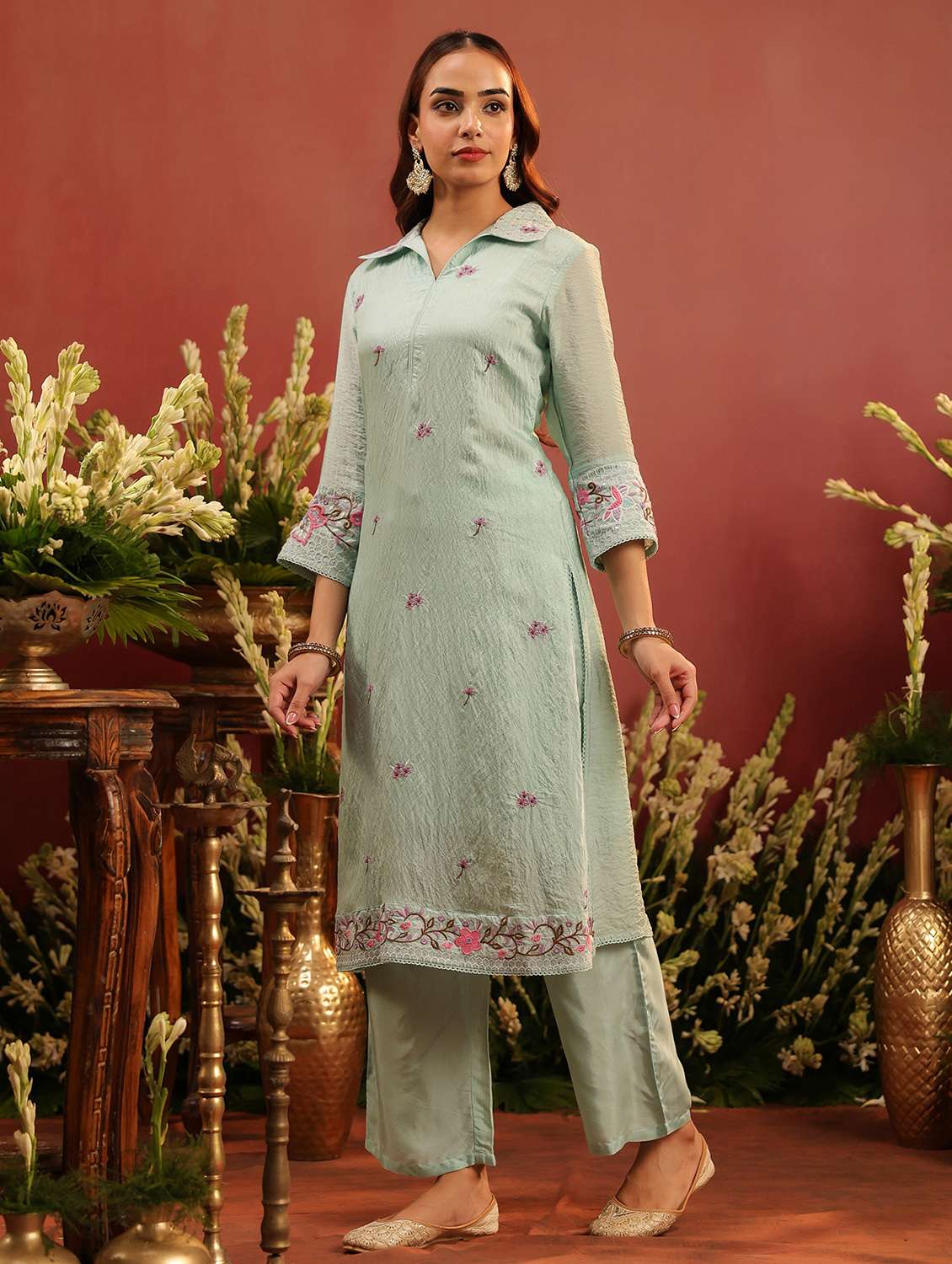 women embroidered three quarter sleeve kurta pant set - 22142266 -  Standard Image - 1