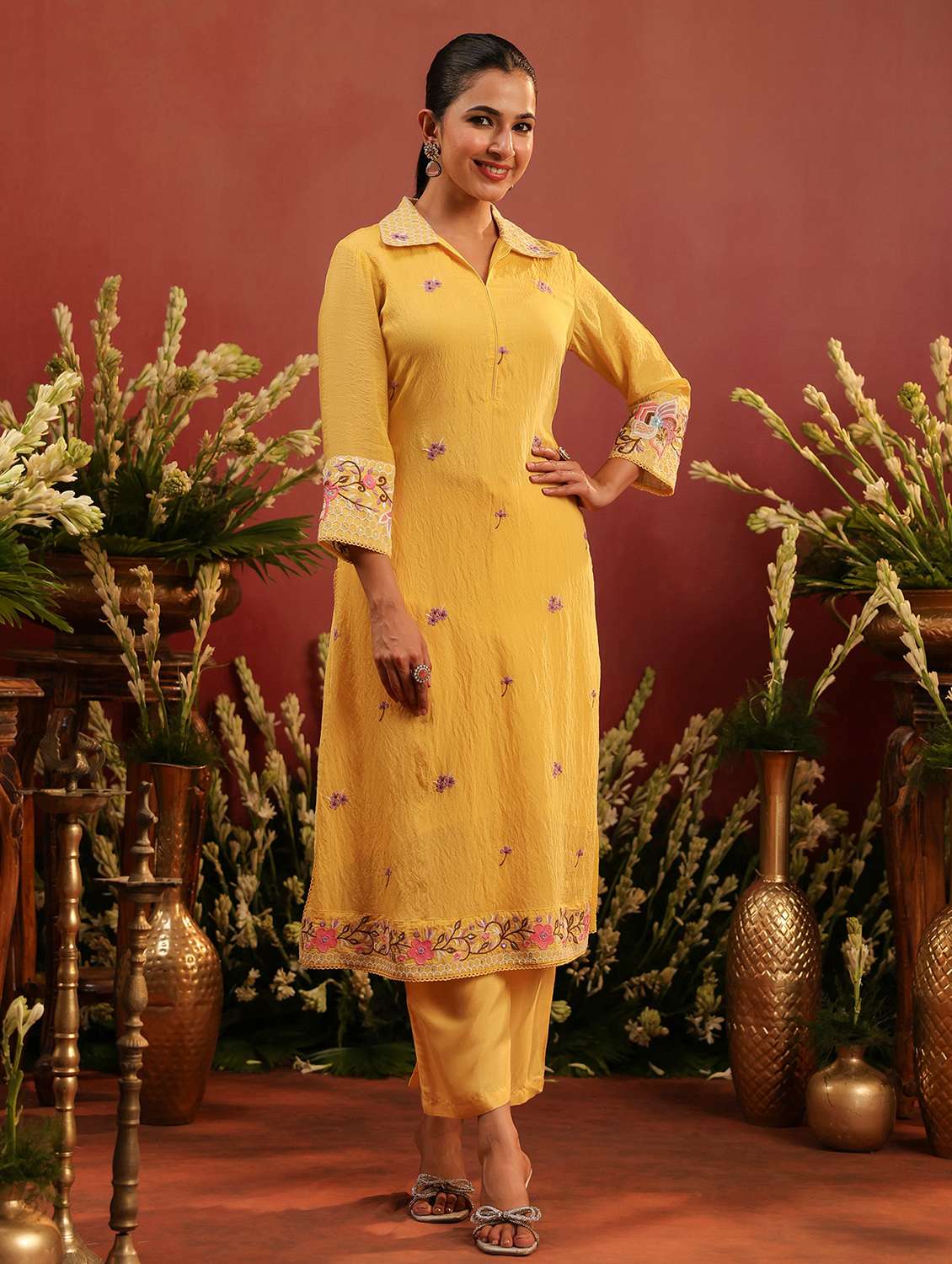women embroidered three quarter sleeve kurta pant set - 22142267 -  Standard Image - 1