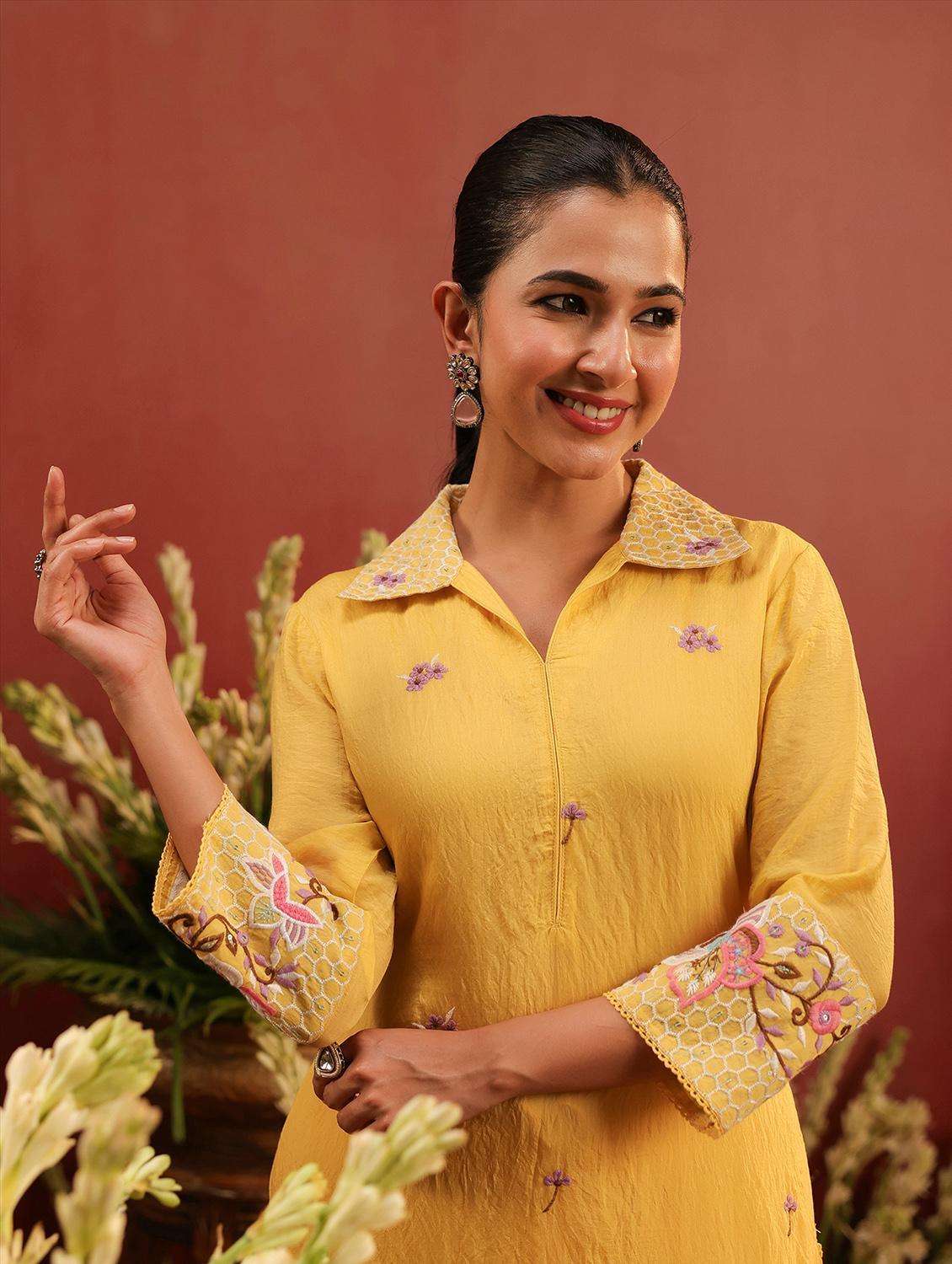 women embroidered three quarter sleeve kurta pant set - 22142267 -  Standard Image - 1