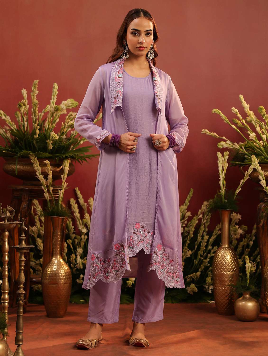 women solid with work long sleeve kurta pant set - 22142268 - Standard Image - 1