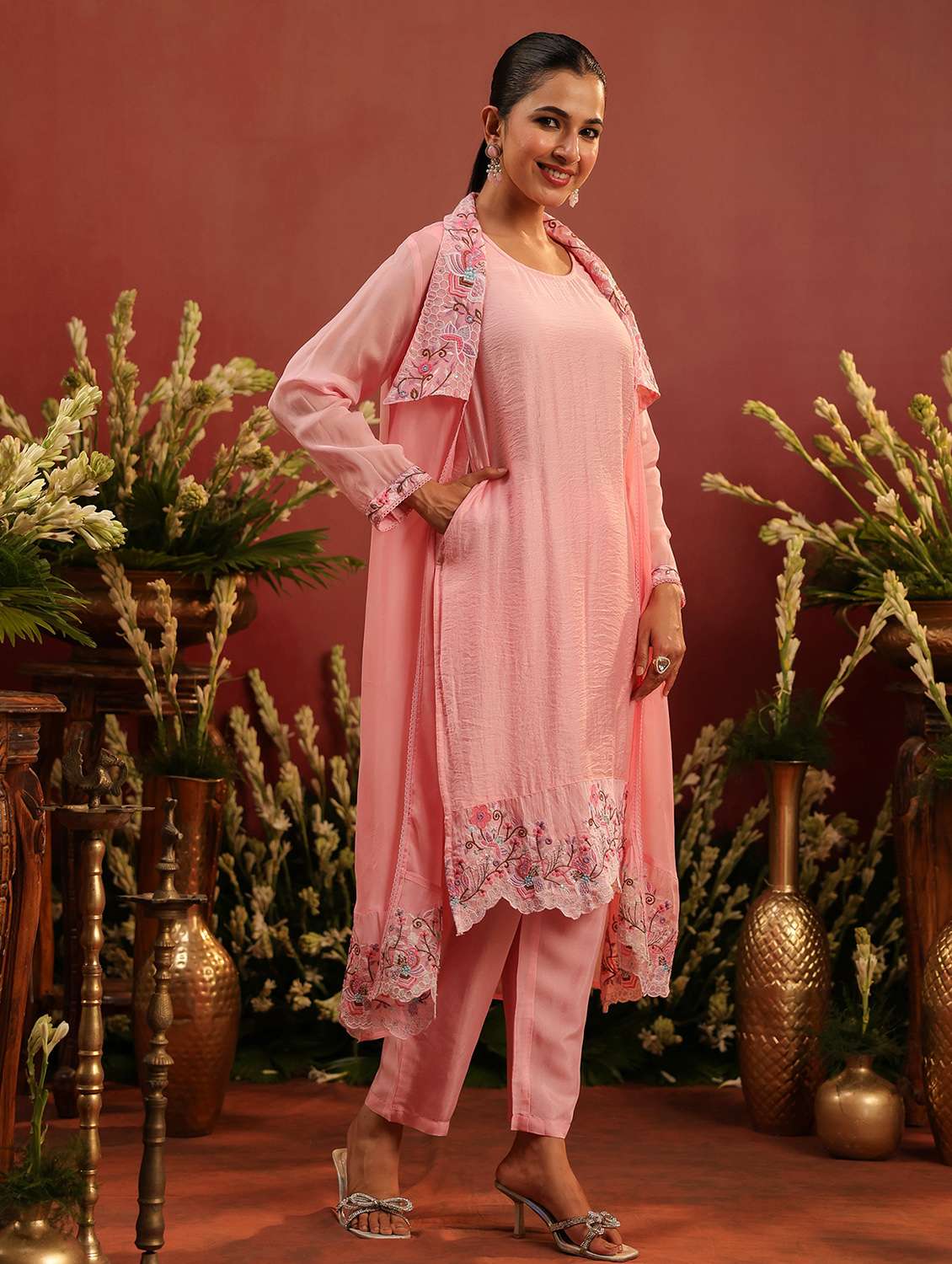 women solid with work long sleeve kurta pant set - 22142269 - Standard Image - 1