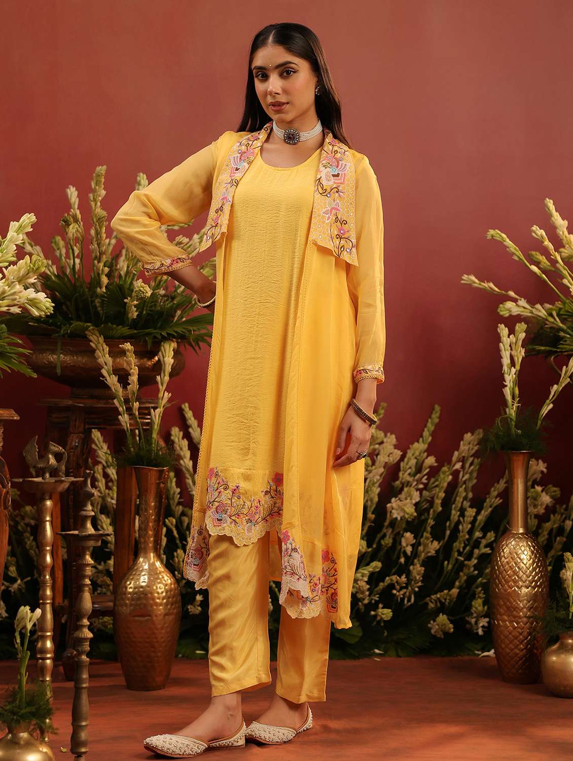women solid with work long sleeve kurta pant set - 22142271 -  Standard Image - 1