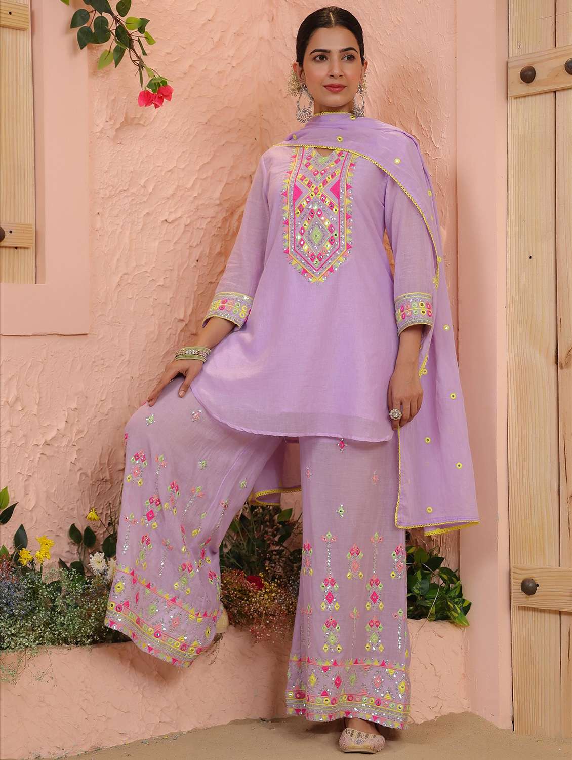 women embroidered three quarter sleeve kurta palazzo with dupatta set