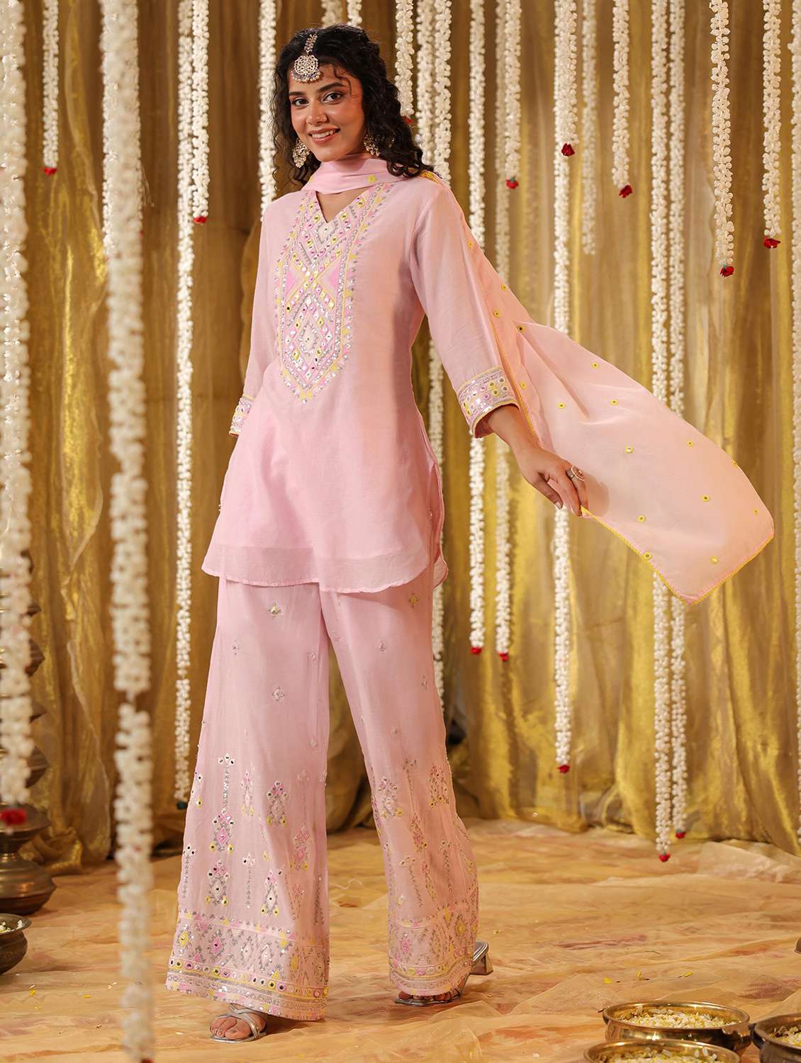 women embroidered three quarter sleeve kurta palazzo with dupatta set - 22142274 -  Standard Image - 1