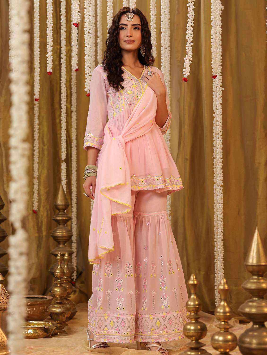 women embroidered three quarter sleeve kurta sharara with dupatta set - 22142275 -  Standard Image - 1