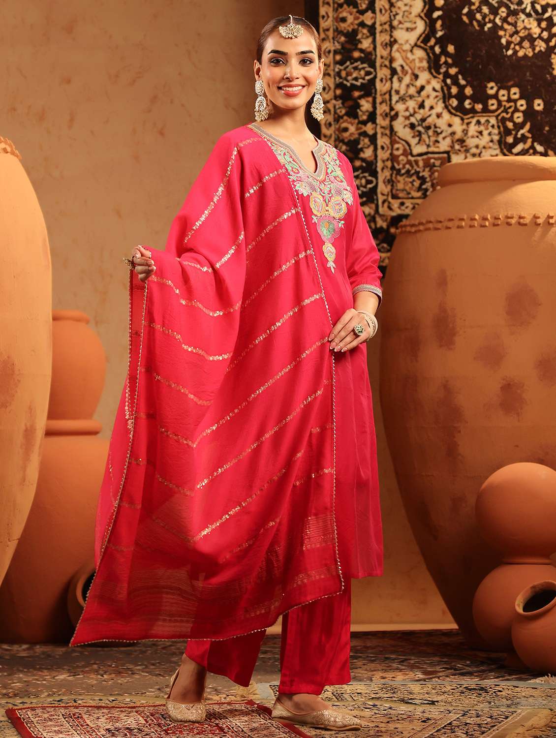 women embroidered three quarter sleeve kurta pant with dupatta set - 22142277 -  Standard Image - 1