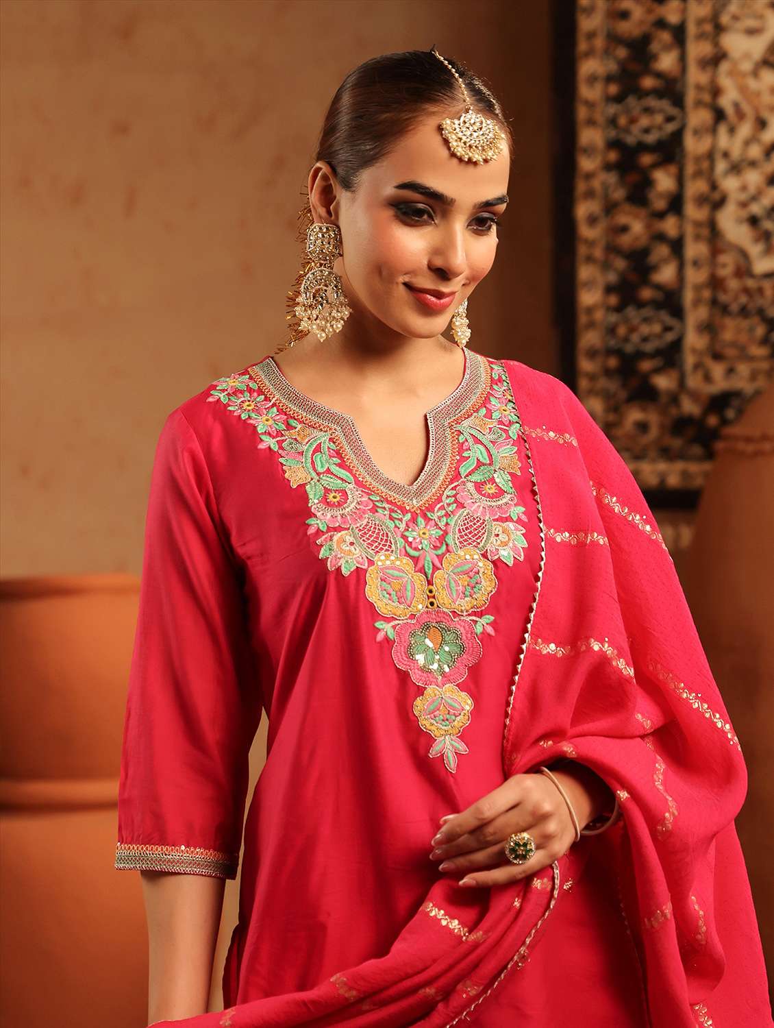 women embroidered three quarter sleeve kurta pant with dupatta set - 22142277 -  Standard Image - 4