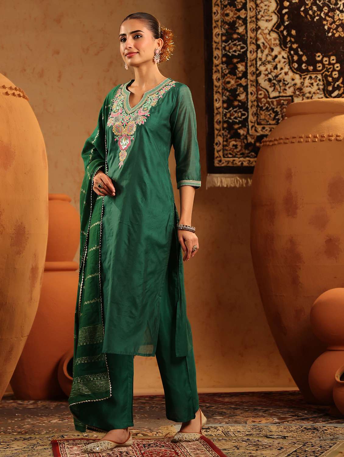 women embroidered three quarter sleeve kurta pant with dupatta set - 22142278 -  Standard Image - 1
