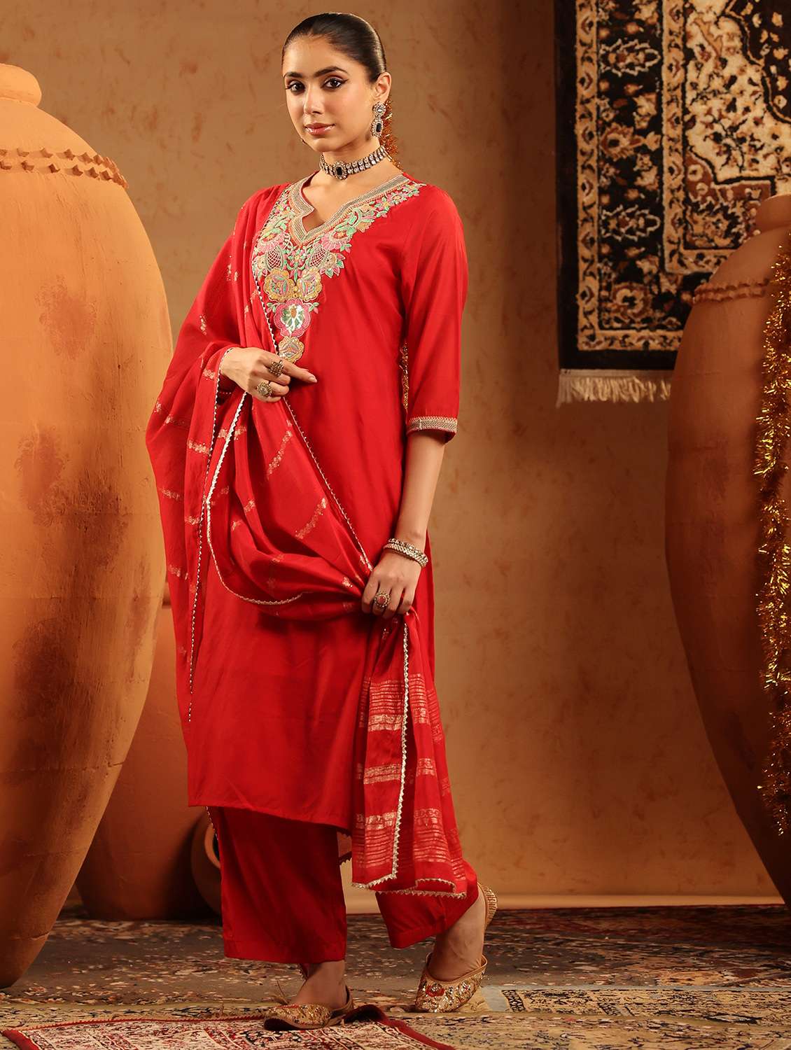 women embroidered three quarter sleeve kurta pant with dupatta set - 22142279 -  Standard Image - 1