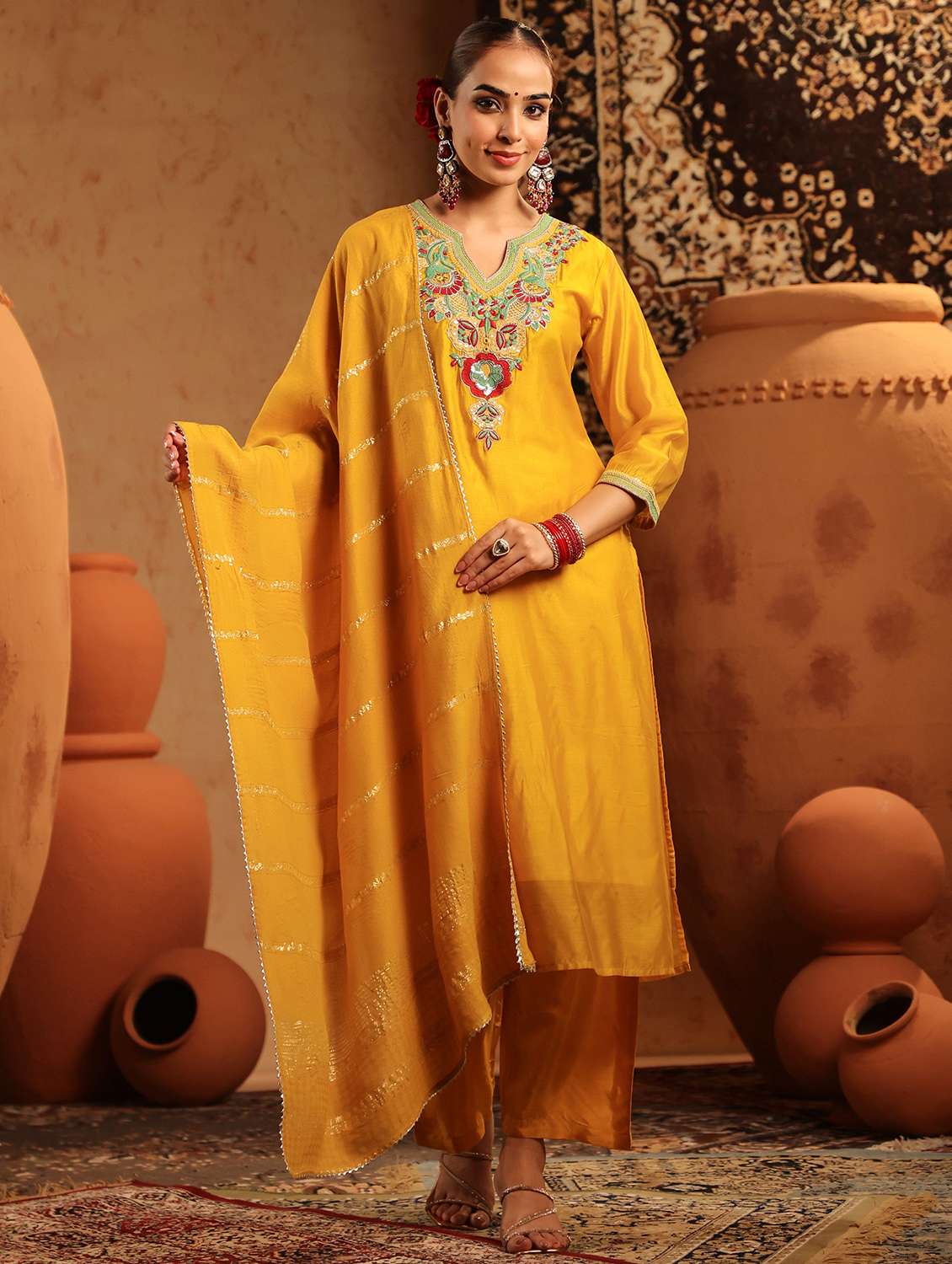 women embroidered three quarter sleeve kurta pant with dupatta set