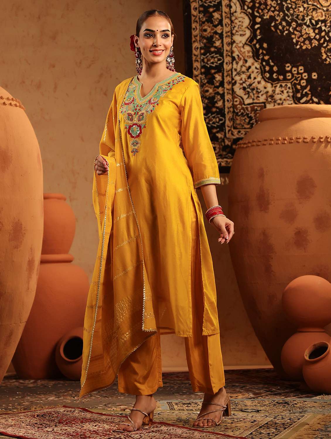 women embroidered three quarter sleeve kurta pant with dupatta set - 22142280 -  Standard Image - 1