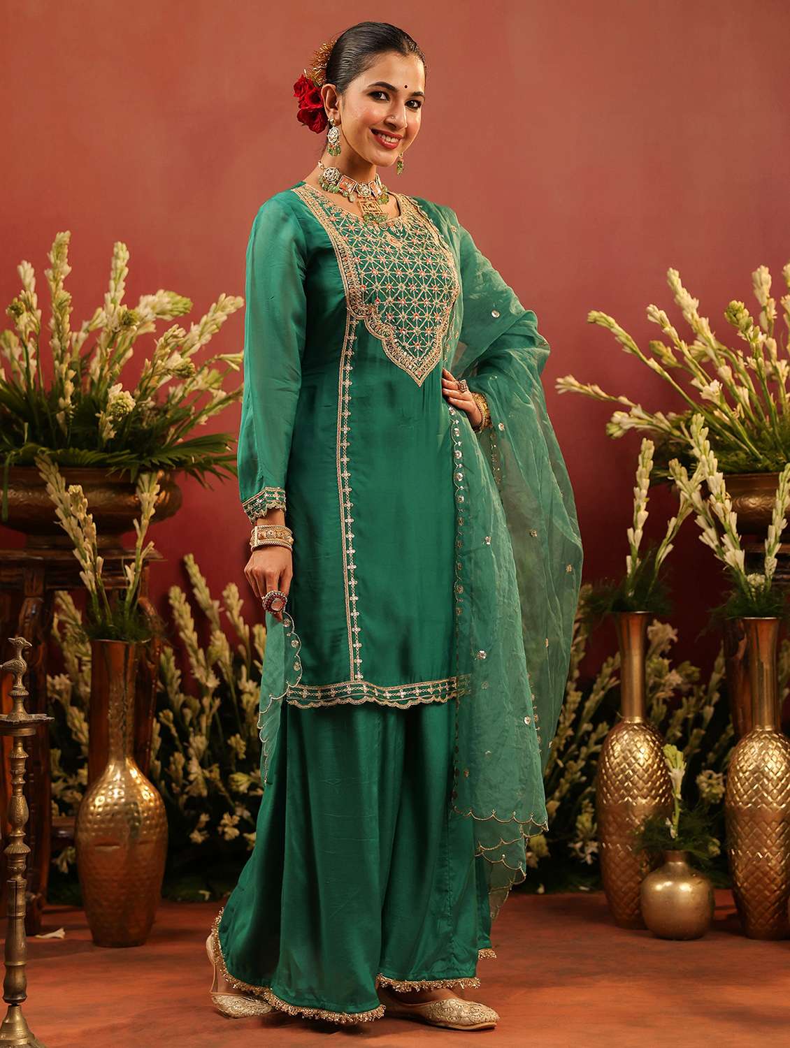 women solid with work long sleeve kurta palazzo with dupatta set - 22142281 -  Standard Image - 1